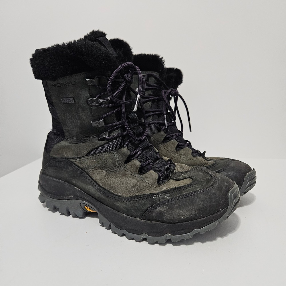 Merrell DRY Waterproof Winter Boots Womens 8 Black Faux Fur Vibram Snow Hiking